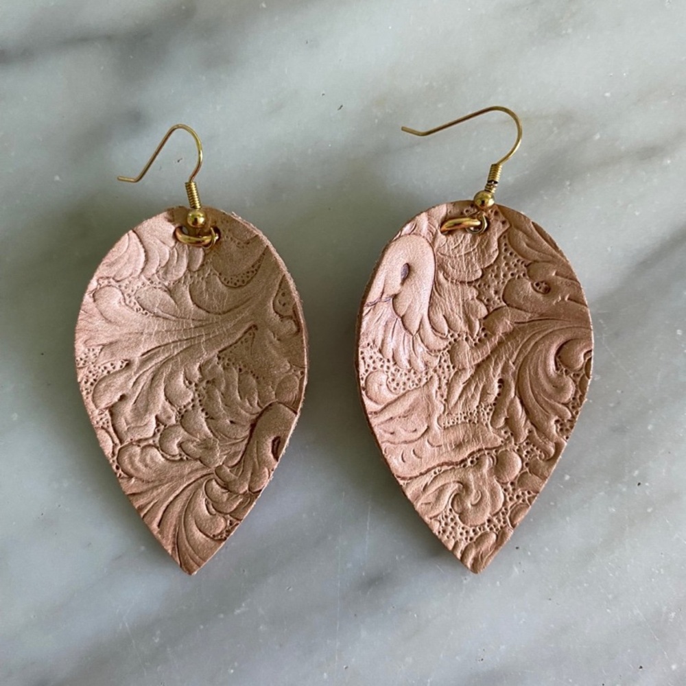 Rose Pink Embossed Leather Feather Earrings